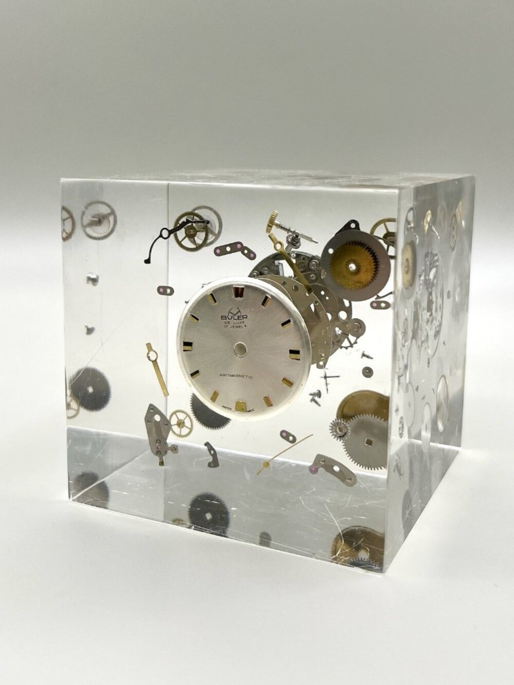 Vintage Buler De Luxe 17 Jewel Swiss Watch Movement Lucite Paperweight MCM